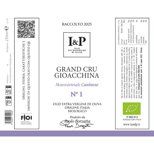 N°1 Grand Cru Gioacchina - Caninese - Huile d'Olive Vierge Extra - Produit typique du Latium - Bouteille de 250 ml - I & P