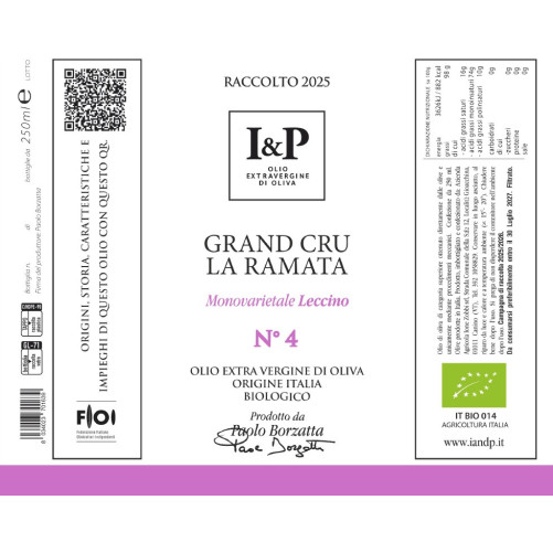N°4 - Grand Cru La Ramata - Leccino - Huile d'Olive Vierge Extra - Produit typique du Latium - Bouteille de 250 ml - I & P