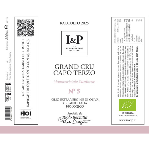 N°5 Grand Cru Capo Terzo - Caninese - Olio Extravergine di Oliva - Prodotto Tipico del Lazio - Bottigia da 250 ml - I & P
