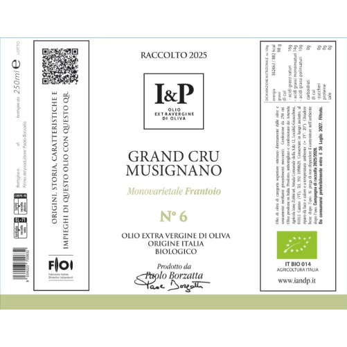 N° 6 Grand Cru Musignano - Frantoio - Extra Virgin Olive Oil - Typical Product of Lazio - 250 ml Bottle - I & P
