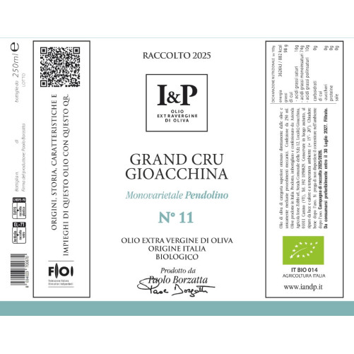 N°11 Grand Cru Gioacchina - Pendolino - Natives Olivenöl Extra - Typisches Produkt aus dem Latium - 250-ml-Flasche - I & P