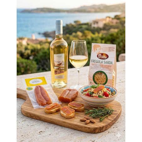 Aperitif Costa Smeralda: the Gourmet Kit Bottarga, Fregula and Wine Karmis