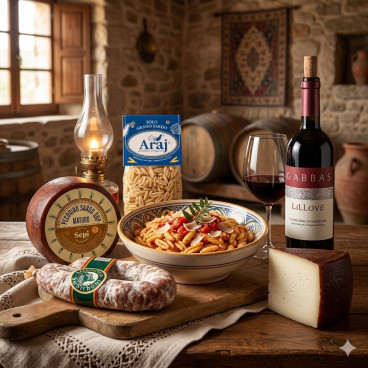 Cesto Regalo Sapori di Sardegna: Malloreddus rustici, Cannonau Lillovè, Pecorino DOP, Salsiccia Sarda