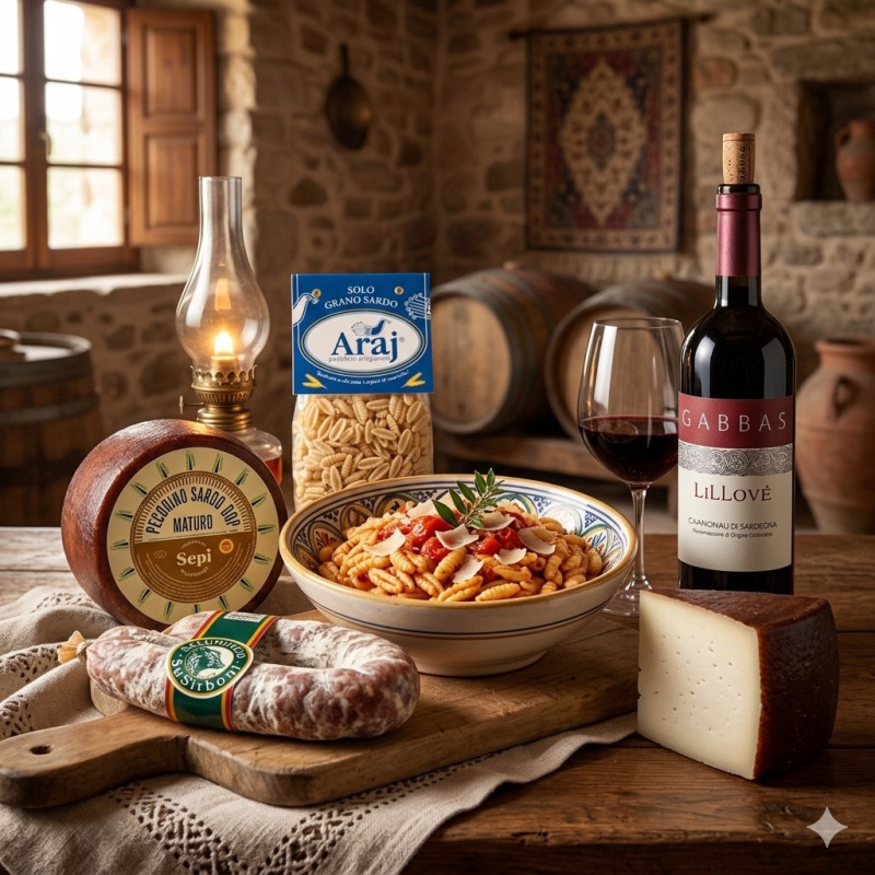 Sardinien-Aromen Geschenkkorb: Rustikal Malloreddus, Cannonau Lillovè, Pecorino DOP, Sardinische Wurst Sardinien-Aromen Geschenkkorb: Rustikal Malloreddus, Cannonau Lillovè, Pecorino DOP, Sardinische Wurst