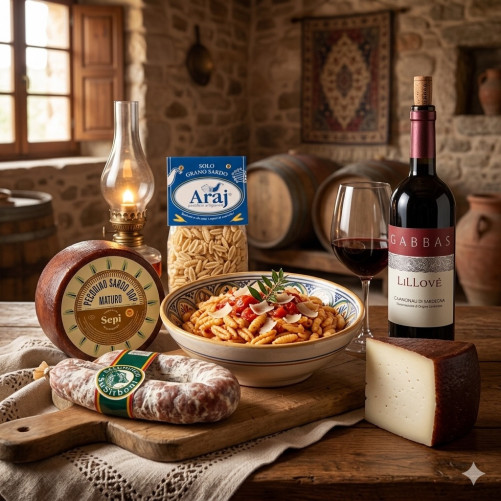 Cesto Regalo Sapori di Sardegna: Malloreddus rustici, Cannonau Lillovè, Pecorino DOP, Salsiccia Sarda