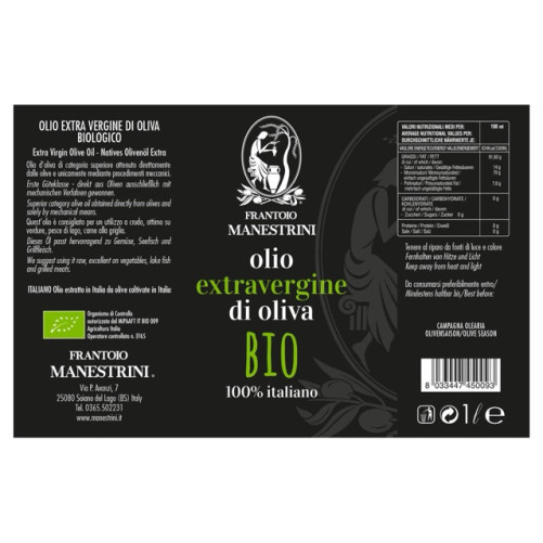 BIO Natives Olivenöl Extra – Kalt extrahiert – Hergestellt in Brescia – 1-L-Flasche – Frantoio Manestrini
