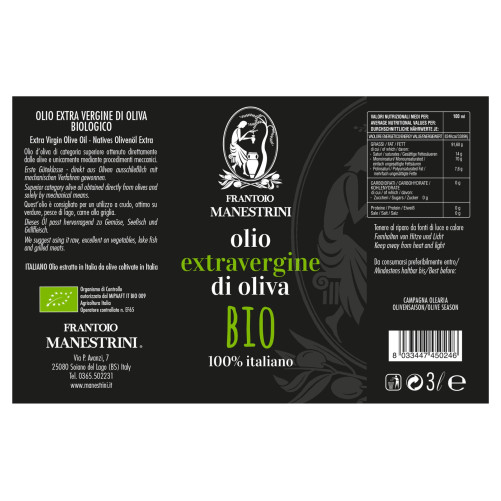 BIO Natives Olivenöl Extra – Kalt extrahiert – Hergestellt in Brescia – 3-L-Kanister – Frantoio Manestrini