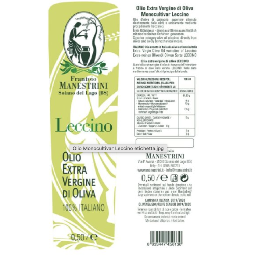 Olio Monocultivar Leccino - Olio EVO - Estratto a Freddo - Prodotto a Brescia - Bottiglia da 500 ml - Frantoio Manestrini